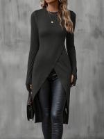 Camiseta Larga De Mujer Para Otoño 2024 Slimming Casual De Manga Regular Suave Algodón Estilo Oficina Longitud Rodilla - details 25