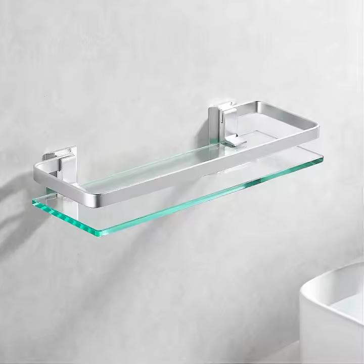 Baño de aluminio estante vidrio templado rectángulo 1 capa extra gruesa plata arenado montaje en pared - 1