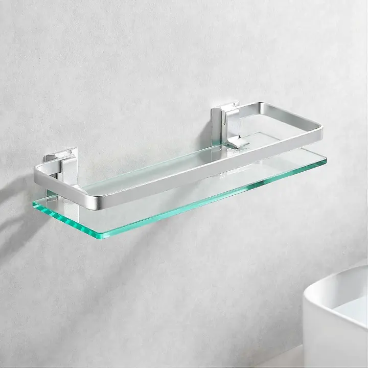 Baño de aluminio estante vidrio templado rectángulo 1 capa extra gruesa plata arenado montaje en pared - 1