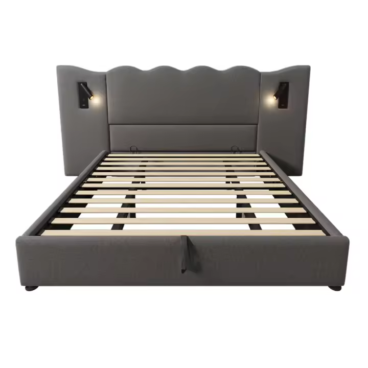 Cama tapizada Twin 180x200 with Luz de Lectura y Carga USB Type-C, somier de almacenamiento with Marco de listones de Madera maciza y metal, Gris, Linen (sin edredón). - 1