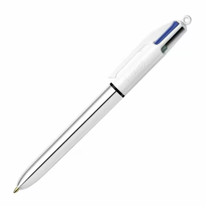 BIC® 4 Colores Shine Bolígrafo retráctil con punta de bola, punta media de 1 mm, cuerpo plata metalizado, colores de tinta variados: negro, azul, rojo y verde - 1