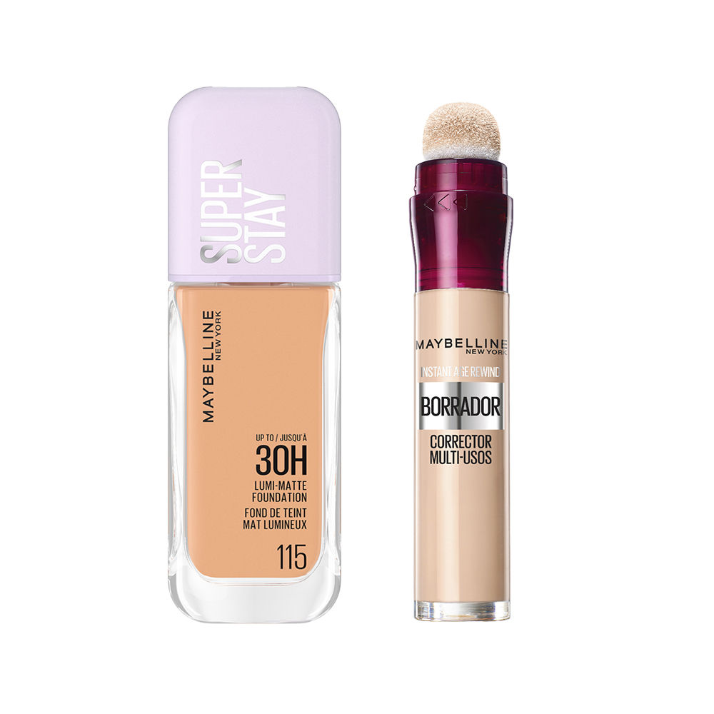 Maybelline New York | Superstay Lumi Matte Foundation 30H Base de Maquillaje Acabado Mate Luminoso Tono 115 + Borrador Corrector Hidratante Multiusos Tono Light