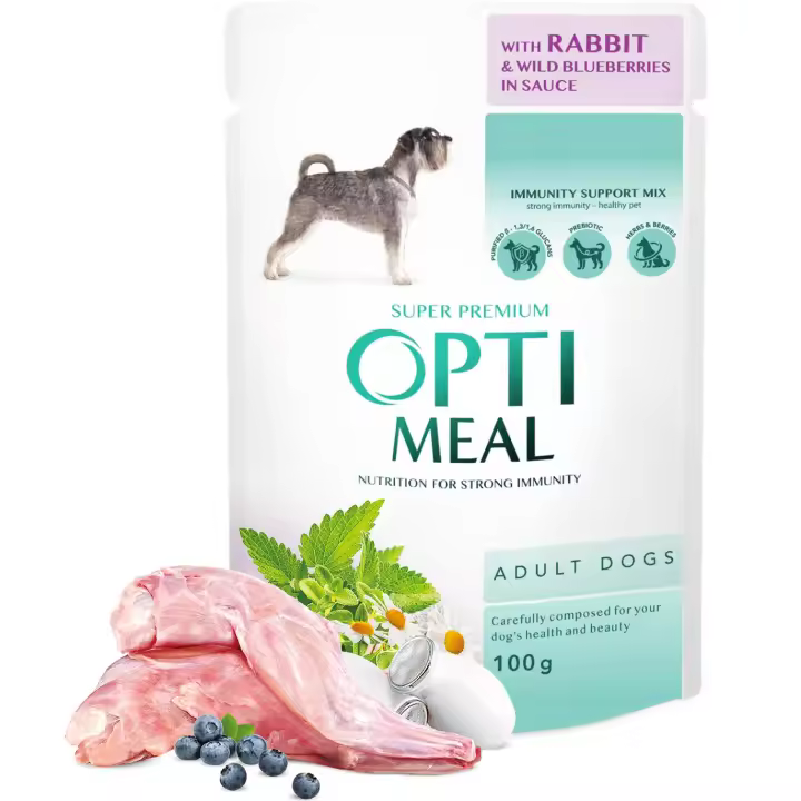 Comida húmeda completa para perros adultos OPTIMEAL-conejo y arándano silvestre en salsa, PACK 12*100g - Alimento premium para perros, refuerza el sistema inmunológico y promueve la salud - 1