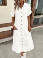 Vestido Casual De Verano Para Mujer Con Manga Corta Y Cuello En V Color Sólido Vestido Largo De Oficina Estilo Lady - details 2