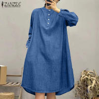 ZANZEA Vestido De Camisa Para Mujer Estilo Vintage Cuello En Pie Botones Manga Larga Casual Longa Suelta Mini Vestido Manga Larga Estilo Vintage Para Otoño Con Bolsillos - details 4