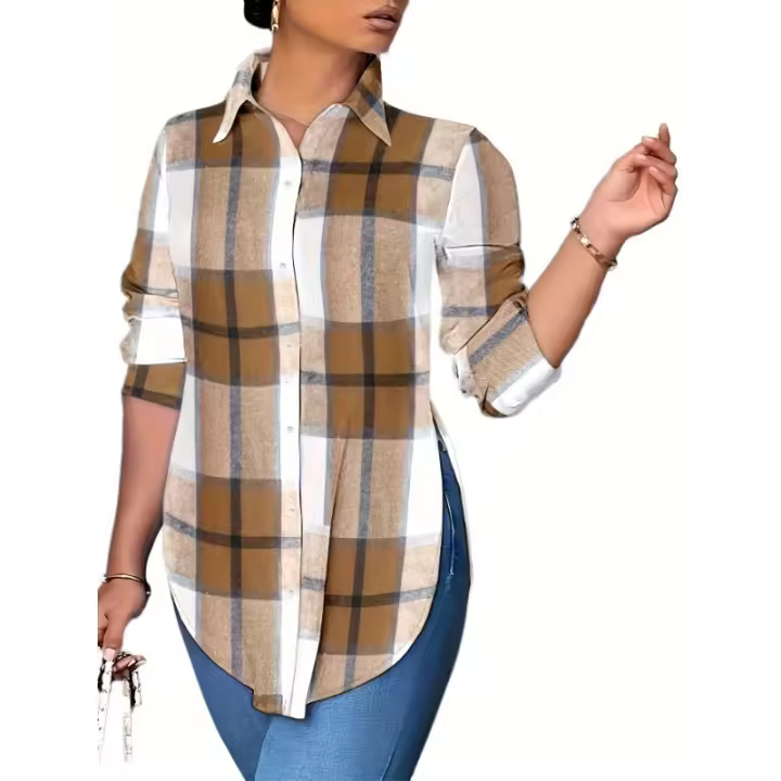 Camisa Larga De Manga Para Mujer Talla Grande Con Cuello En V Estampado a Cuadros Casual Suéter Suave De Poliéster - 1
