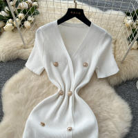 Vestido Tejido REALEFT 2025 Para Mujer Verano Cuello En V Corto Manga Metálico Botones Cintura Alta A-Line Longitud Media - details 22