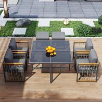 Juego de Mesa y sillas de exterior de 7 piezas, para 6 personas, Mesa de Cristal Templado, tablero de Madera de Acacia con reposabrazos, ideal para ir en el patio o El Jardín - details 0