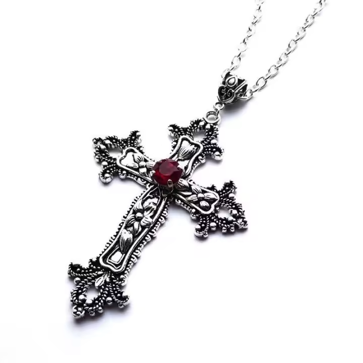 Collar grande con cruz gótica, colgante de plata con piedra de cristal, cadena - 1