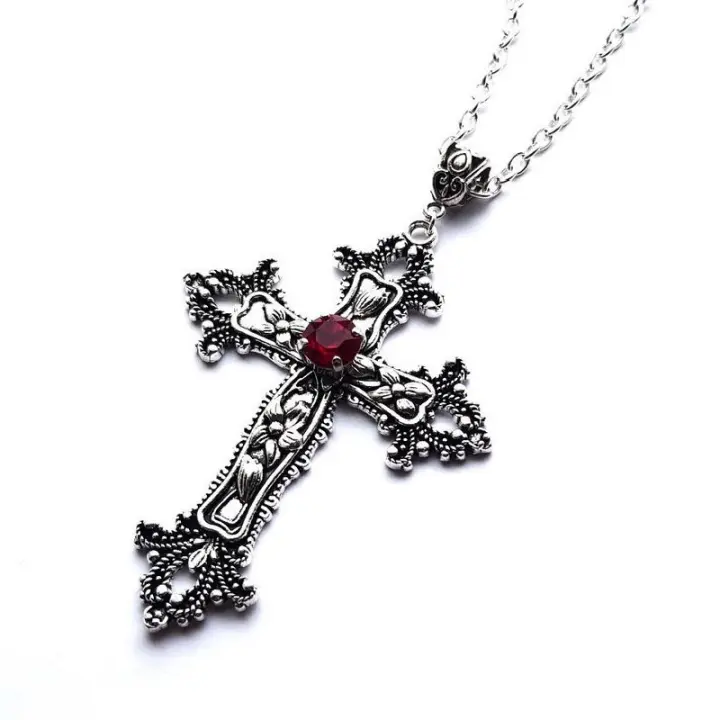 Collar grande con Cruz gótica, Colgante de Plata with Piedra de Cristal, Cadena - 1