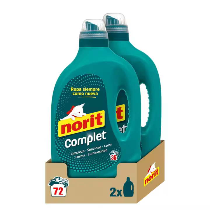 Norit Complet  36 o 72 Lavados- Detergente Líquido Universal para Ropa, Limpieza Profunda y Cuidado Superior, Combate las Manchas Más Difíciles, Fórmula Hipoalergénica - Pack de 1 x 1,80 L o 2 x 1,80 L. - 1