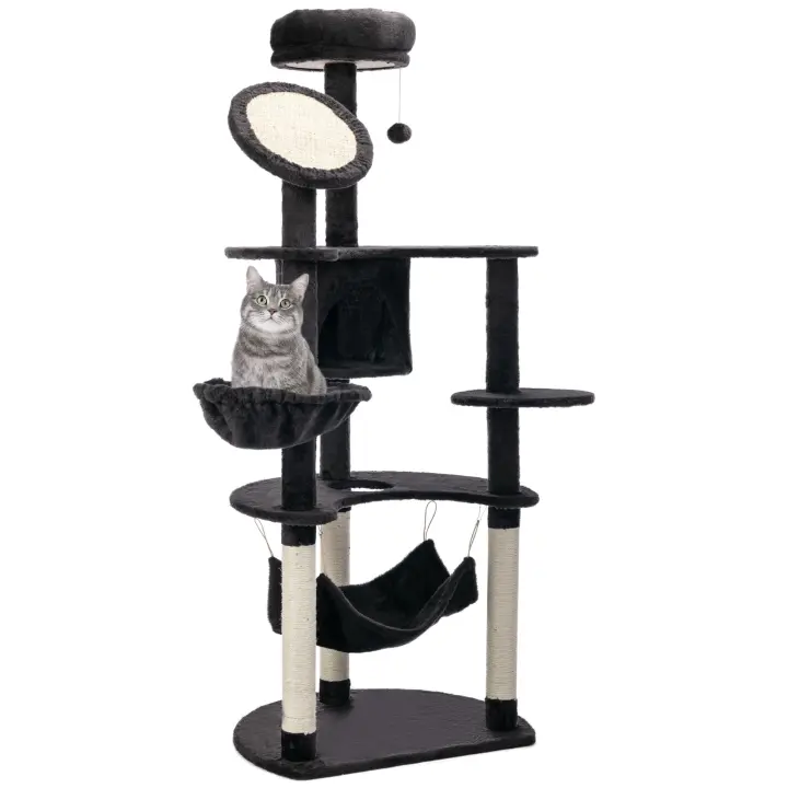 PawHut Árbol Rascador para Gatos Grande Altura 153 cm Torre Escalador de Gato con Cueva Hamacas Plataformas Tablero Postes Rascadores de Sisal y Bola Colgante Gris Oscuro - 1