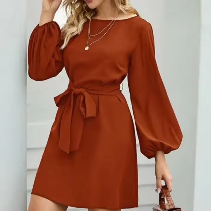 Vestido De Mujer Talla Grande De Chiffon Color Sólido Moda 2021 Manga Farol Suéter Cinturón A-Línea Cuello Redondo Largo Hasta La Rodilla - 1