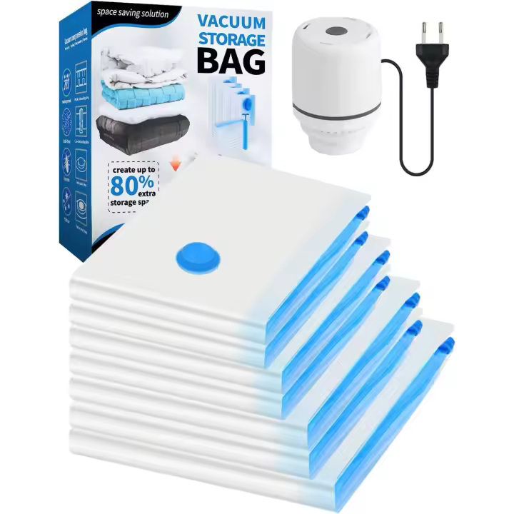 Bolsas Vacio Ropa con Bomba Eléctrica, 7 Piezas Bolsas Almacenaje Ropa - 1 extragrandes, 2 grandes, 2 medianas y 2 pequeñas para Edredón Almohada Manta - 1