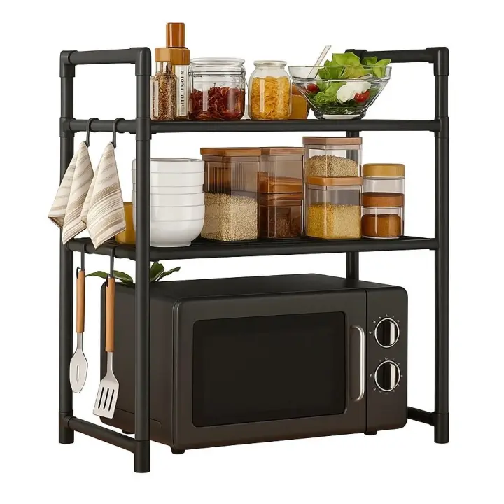 Estantería de cocina multifuncional de 3 niveles en metal negro, ideal para microondas, especias y utensilios. Incluye ganchos laterales para paños o accesorios. Ahorra espacio y organiza tu encimera con estilo moderno y estructura resistente. - 1