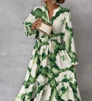 Vestido Maxi Verano Elegante Para Mujer Con Estampado Verde Manga Larga Cuello V Ajuste De Cintura Largo Moda Fiesta Vestido - details 3