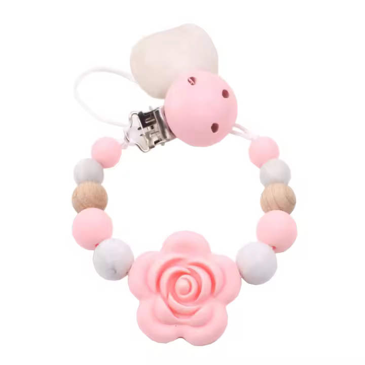 Cadena para chupete de silicona con cuentas, cadena a prueba de mordidas, clip para chupete con diseño de rosa, productos para bebés. - 1