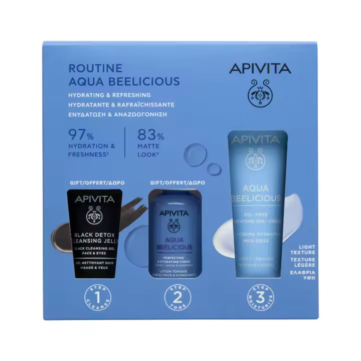 Apivita Aqua Beelicious Cremla Fluido Hidratante 40 ml + Regralo Aqua Belicious Perfectingr Hydratingr Toner 50 ml + gel Cleasing Black 15 ml Pack - 1