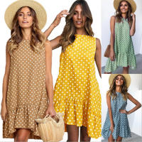 Vestido De Polka Dot Con Volantes Para Mujer Sin Mangas Cuello Redondo Corte Largo Casual Vestido De Verano De Polyester - details 1