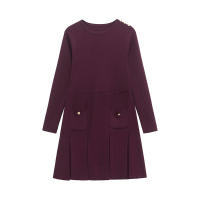 Vestido Mini De Encaje Con Botones Y Bolsillos Para Mujer Rojo Estilo Casual Manga Larga Cuello Redondo A-Line Chic Y Moda - details 0
