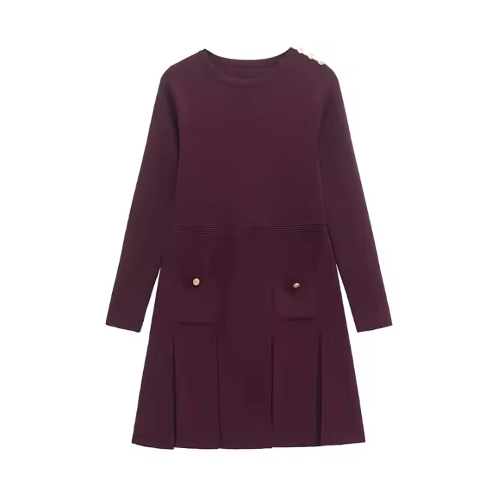 Vestido Mini De Encaje Con Botones Y Bolsillos Para Mujer Rojo Estilo Casual Manga Larga Cuello Redondo A-Line Chic Y Moda - 1