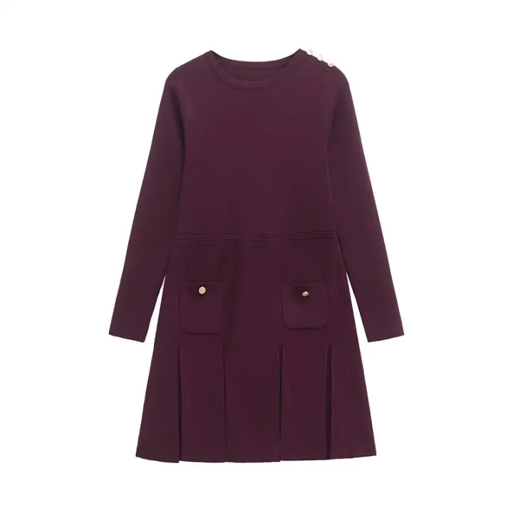 Vestido Mini De Encaje Con Botones Y Bolsillos Para Mujer Rojo Estilo Casual Manga Larga Cuello Redondo A-Line Chic Y Moda - 1