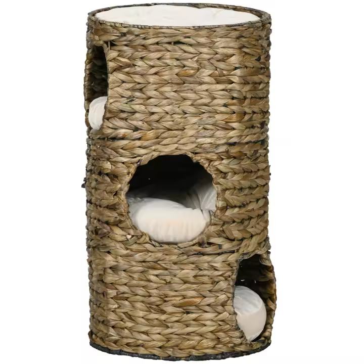 PawHut Barril rascador para gatos de 73 cm de alto con 3 cuevas, cojines, rascador con cama para gatos, torre para gatos de jacinto de agua, marrón oscuro - 1
