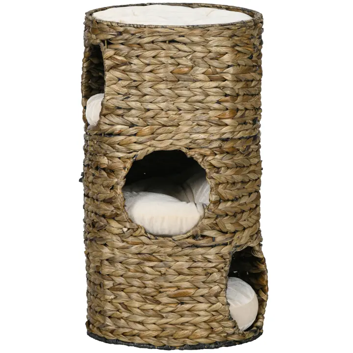 PawHut Barril rascador para gatos de 73 cm de alto con 3 cuevas, cojines, rascador con cama para gatos, torre para gatos de jacinto de agua, marrón oscuro - 1