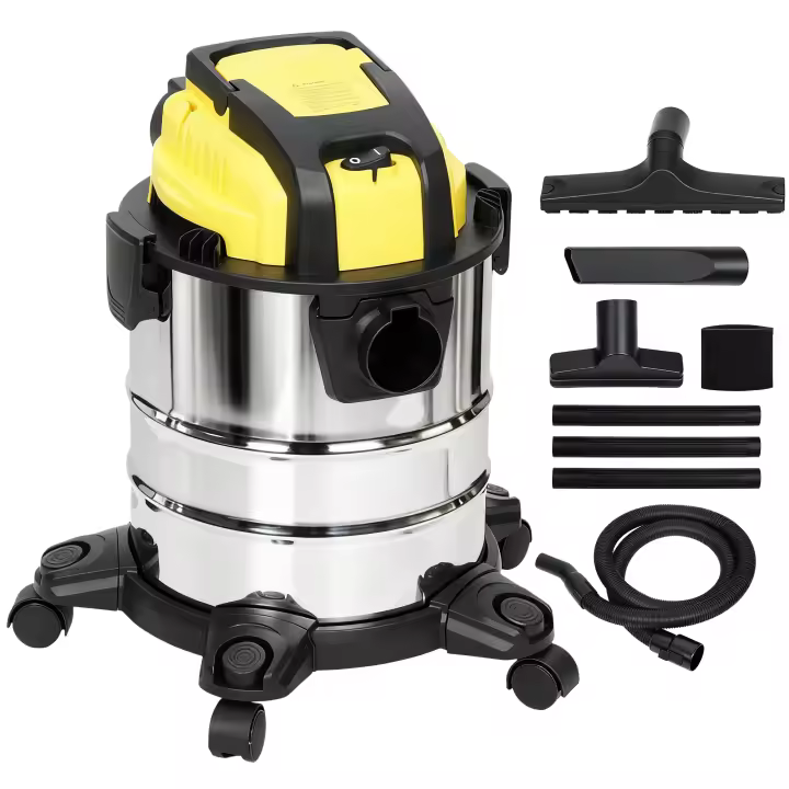 HOMCOM Aspirador en Seco y Húmedo 3 en 1, 1200W, Aspiradora con Función de Soplador, Manguera 2 m, Depósito Inoxidable 20L, Triple Filtro, Boquilla para Suelos y Ranuras, Amarillo - 1