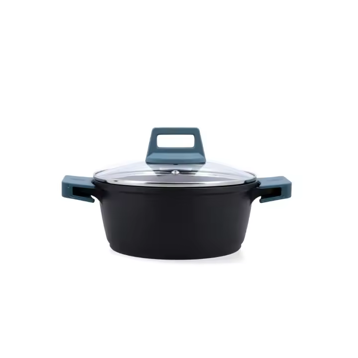 Cacerola con tapa aluminio fundido azul y negro mate Confort Quid - Tamaños 20, 24, 28 y 32 cm capacidad hasta 6L - Apta inducción y todo tipo de fuego - Asas extraíbles y apta horno - 1