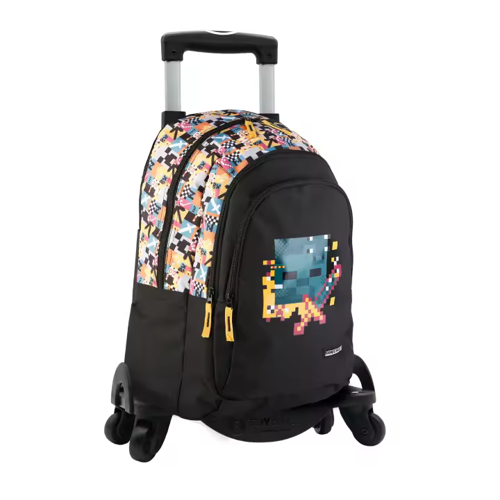 DAM Minecraft Pixel mochila primaria doble compartimento + carro con protección lateral y stoper frontal, 4 ruedas multidireccionales. 35,5x21x54 Cm. Color: Negro - 1