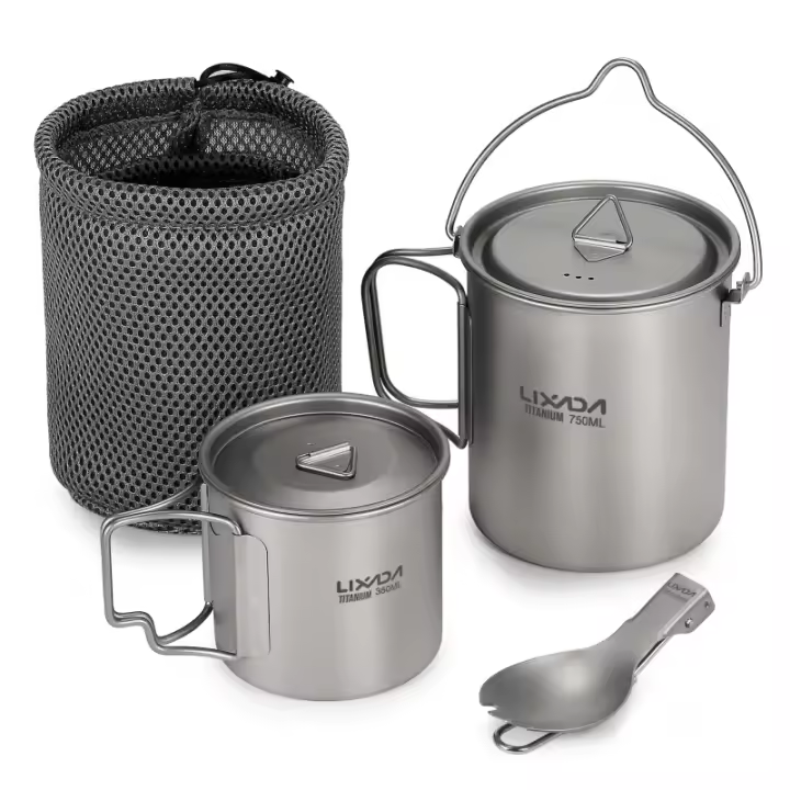 Set De Utensilios De Cocina De Titanio Lixada 750ml Olla 350ml Taza Con Tapa Mango Plegable Cuchara Plegable Para Camping - 1