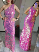 Vestido De Fiesta Largo De Encaje Con Un Hombro Sin Mangas Ajustado Para Mujer Color Azul Verde Rosa Lavanda Elegante Y Sexy - details 14
