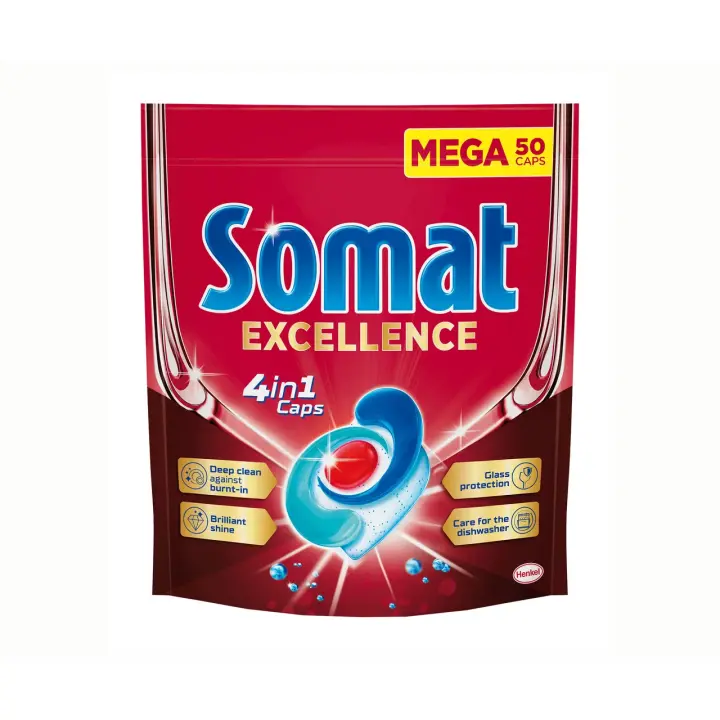 Somat Caps Excellence 4 en 1.  50 pastillas para lavavajillas de liberación rápida, tapas Somat para una excelente limpieza y brillo incluso en el programa Eco & a bajas temperaturas - 1