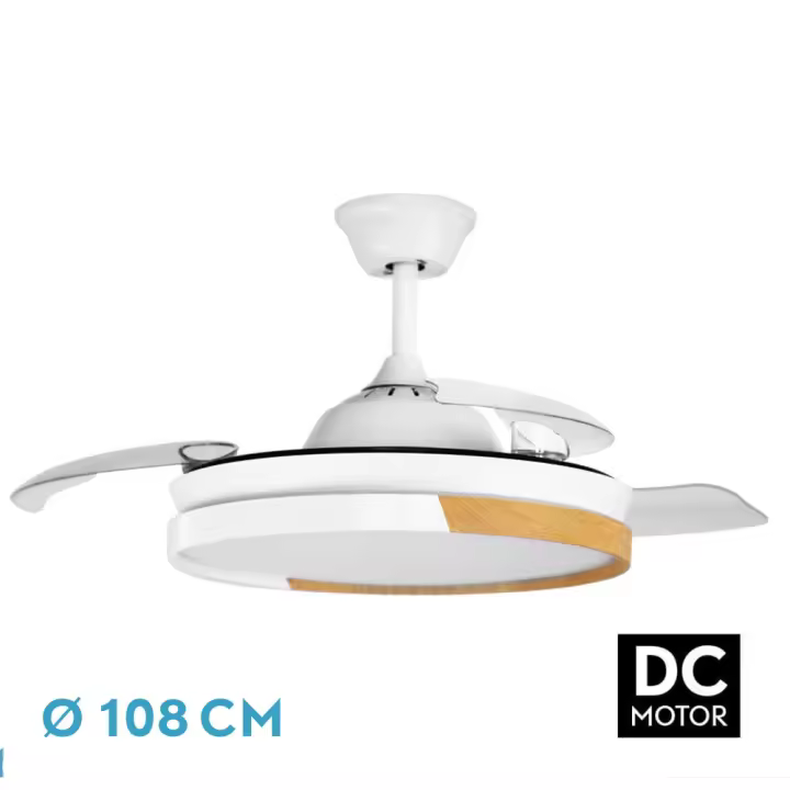 Ventilador de techo con luz Led blanco y madera de 107cm | Ventiladores de techo de 72w, 59w y 77w | Ideal para habitaciones y salones | Estilo y elegancia | Marca Fabrilamp y Ledme - 1