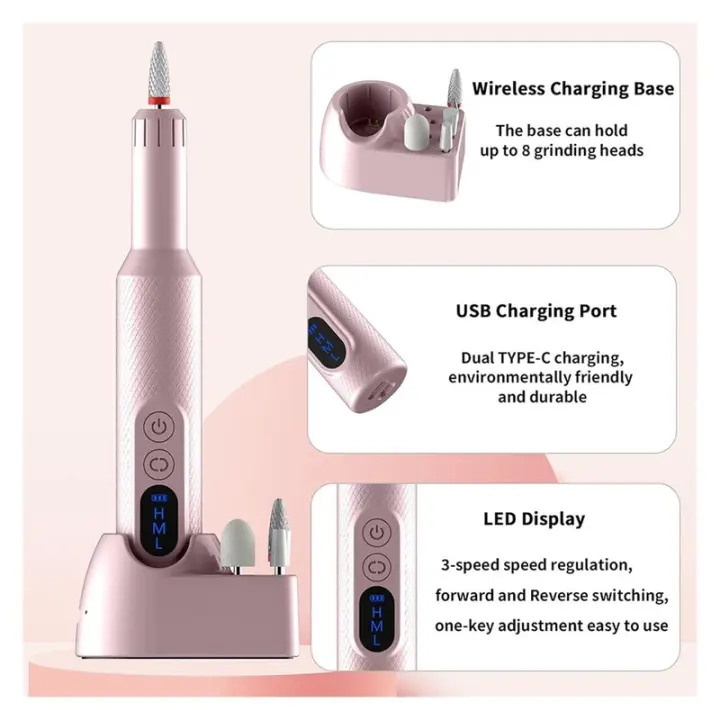 Juego de limas eléctricas para uñas, máquina perforadora de uñas, juego de pedicura, Kit de cuidado de uñas para salones domésticos, uso ABS rosa - 1