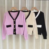 Chaqueta De Punto Para Mujer Otoño Invierno Estilo Suave V-Neck Colores Contrastantes Casual Cierre Único Tops Todoterreno - details 1