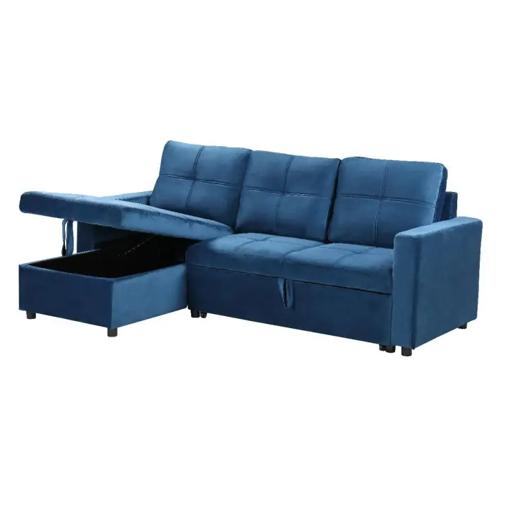 Sofa cama con arcon y chaise longue PAU 3 plazas color Azul Terciopelo - 1