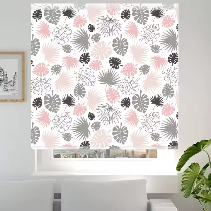 Estores Iroa – Estor Enrollable Translúcido Juvenil con Estampado Tropical Hoja 548 en Tonos Rosa y Gris, Diseñado para Habitación de Chicas, Fabricado en España con Tejido Premium que Filtra la Luz y Protege del Sol, Instalación Sencilla y Decoración - 1