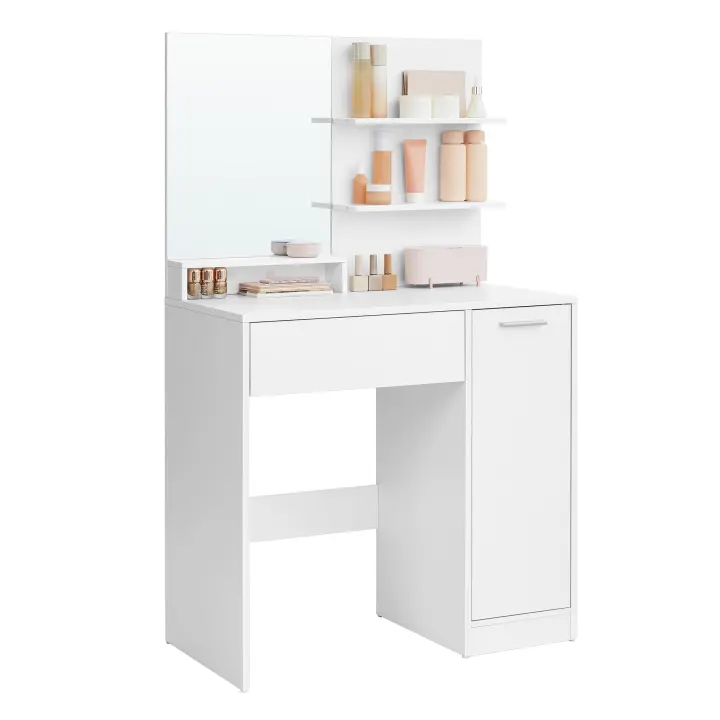 Tocador blanco de estilo moderno con espejo grande, gabinete versátil y organizador integrado: 2 estantes ajustables, 1 cajón y 2 estantes abiertos para un espacio de maquillaje funcional y elegante - 1