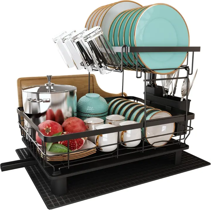 Escurreplatos, Acero Inoxidable Escurridor de Platos de 2 Niveles Gran, Escurridor de Platos para Fregadero con Drenaje Automático, Soporte para Utensilios, Portavasos, y Alfombrilla de Seca - 1