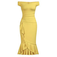 Vestido Elegante Para Mujer De Encaje Con Volante Y Cintura Ajustada Vestido De Fiesta Con Hombros Descubiertos Y Abertura En La Pierna Vestido Clásico De Cintura Alta Y Acolchado - details 27
