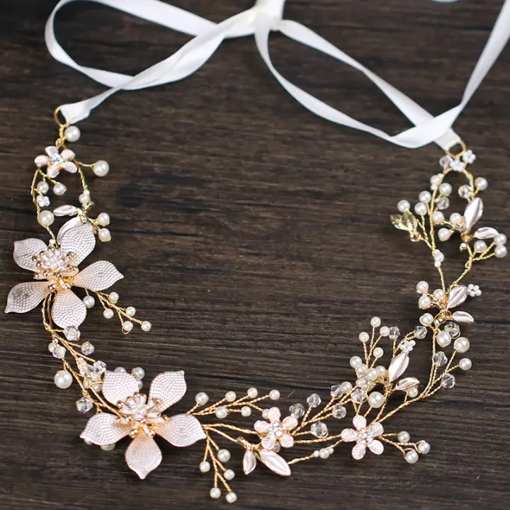Diadema De Boda Elegante Tiara Con Perlas Y Flores Joyería Para El Cabello De Novia Metálica Dorada Hecha a Mano Accesorios De Cabello Para Mujeres - 1