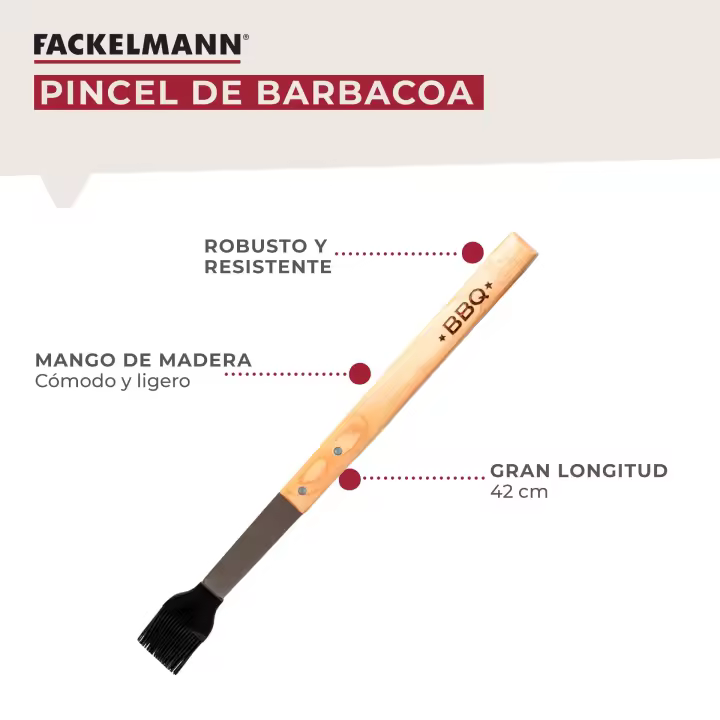 Fackelmann Pincel para Barbacoa, Utensilio de Cocina especial con punta flexible de silicona para untar aliño en carne, verdura o pescado, mango de madera, 42 cm, 1ud - 1