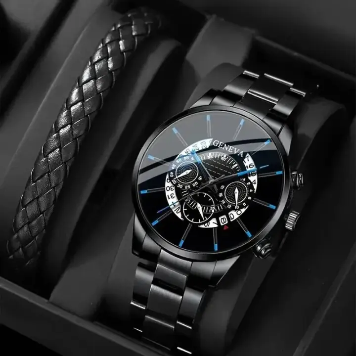 Reloj De Cuarzo Para Hombre Con Correa De Cuero PU Tejido Y Calendario Negro Acero Inoxidable 2 Piezas Moda Negocios Conjunto De Reloj Y Pulsera - 1