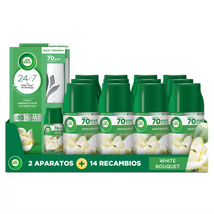 Air Wick Ambientador Freshmatic - 2 Aparatos + 14 Recambios Spray Automático, Esencia para Casa con Aroma a Flor, Flores Blancas, Lirio de Luna, Nenuco, Oasis Turquesa, Delicias de Verano, Lavanda y Vainilla - 1