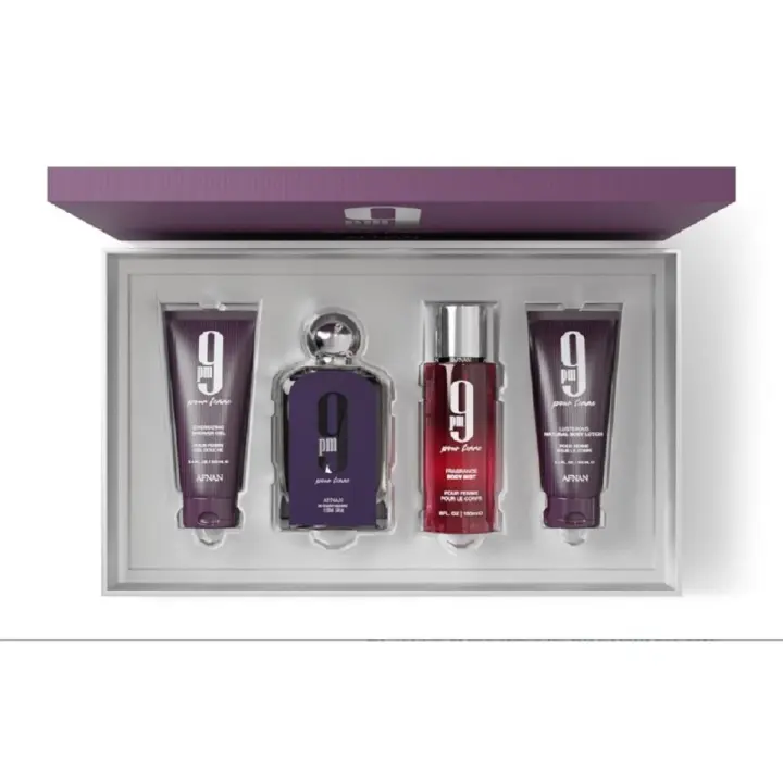 Perfume Pack 9 pm Pour Femme  de Afnan Para Mujer | Eau de Parfum 100ml + Gel de Ducha 100ml + Bruma Coporal 150ml + Loción Corporal 100ml | Producto 100% Original - 1