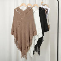 Poncho De Punto Con Borlas Para Mujer Color Sólido Elegante Mantel Suelto Para Primavera Otoño Manta De Cuello Para Mantenerse Caliente Estilo Casual - details 0