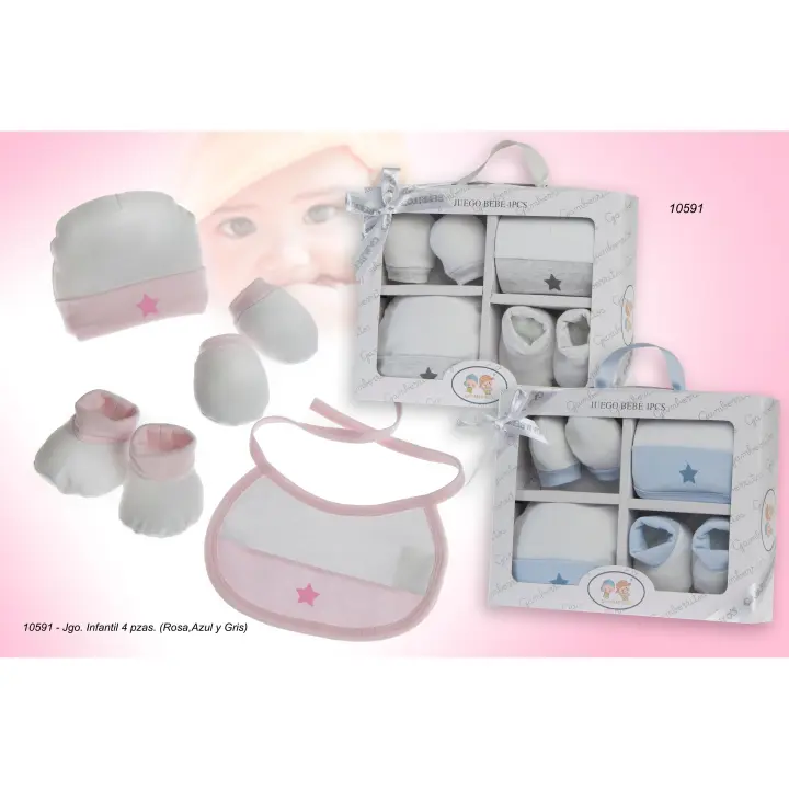 Conjunto de 4 piezas para bebé recién nacido Gamberritos - Gorrito, manoplas, babero y patucos - 1