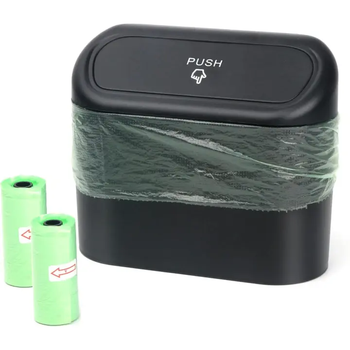 Lata pequeña con tapa, cubo de basura impermeable, contenedor de almacenamiento colgante Porta, para escritorio de coche (negro) - 1
